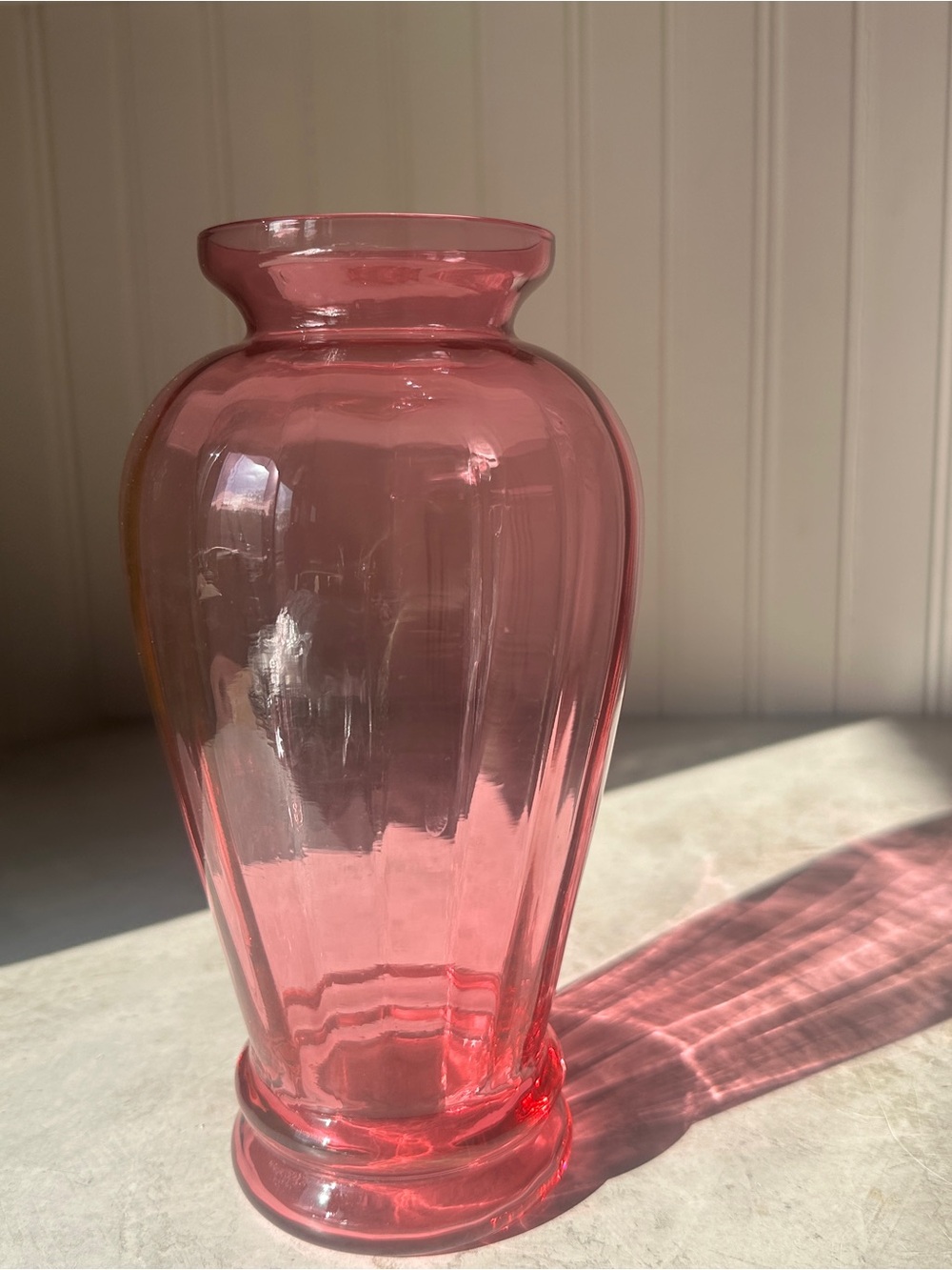 Pilgrim Cranberry Glass Optic Rib Vase Panel Pink 7.5” Hand Blown Vintage